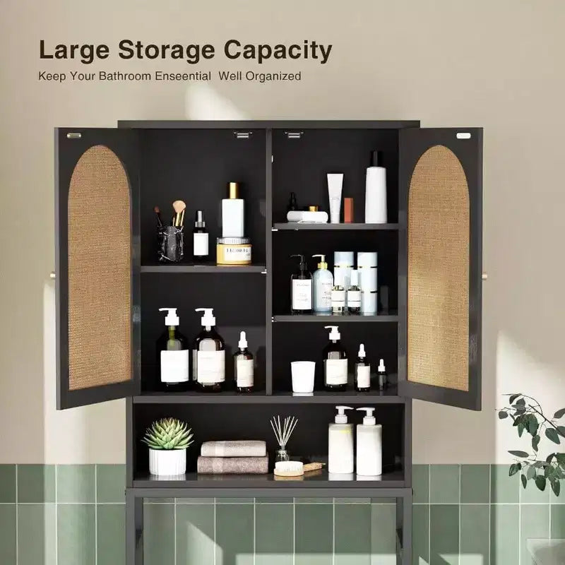 Rattan Toilet Storage Cabinet Over the Rack Wood Cabinet with Metal Stand Bathroom Organizer Adjustable Shelf Tall Freestanding