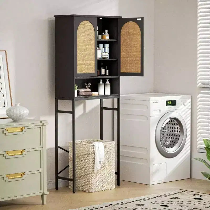 Rattan Toilet Storage Cabinet Over the Rack Wood Cabinet with Metal Stand Bathroom Organizer Adjustable Shelf Tall Freestanding