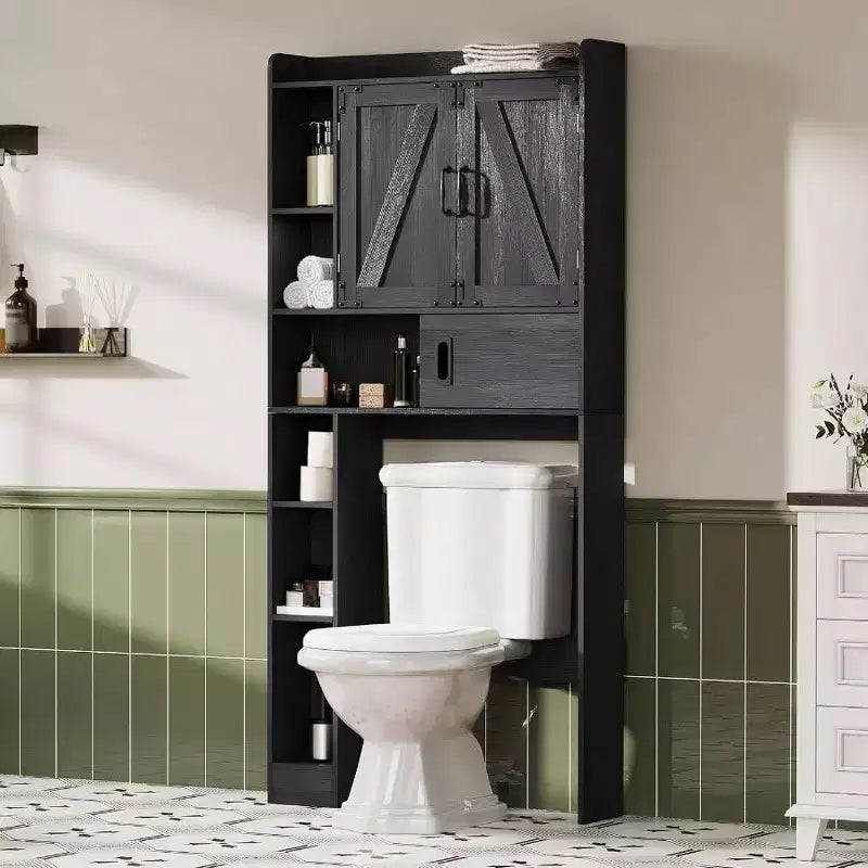 Over Toilet Storage Cabinet Farmhouse Bathroom Storage with Sliding Door Black Space - Saving Adjustable Shelves