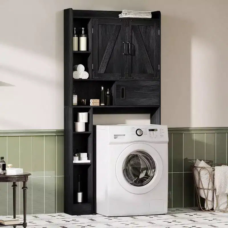 Over Toilet Storage Cabinet Farmhouse Bathroom Storage with Sliding Door Black Space - Saving Adjustable Shelves