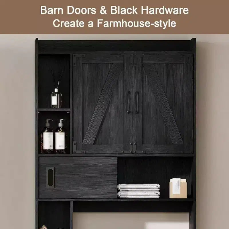 Over Toilet Storage Cabinet Farmhouse Bathroom Storage with Sliding Door Black Space - Saving Adjustable Shelves