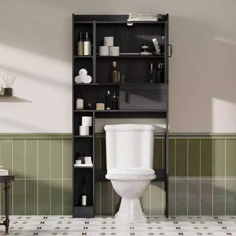 Over Toilet Storage Cabinet Farmhouse Bathroom Storage with Sliding Door Black Space - Saving Adjustable Shelves