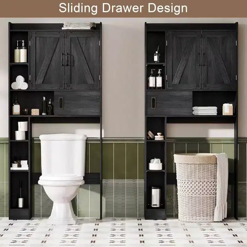 Over Toilet Storage Cabinet Farmhouse Bathroom Storage with Sliding Door Black Space - Saving Adjustable Shelves