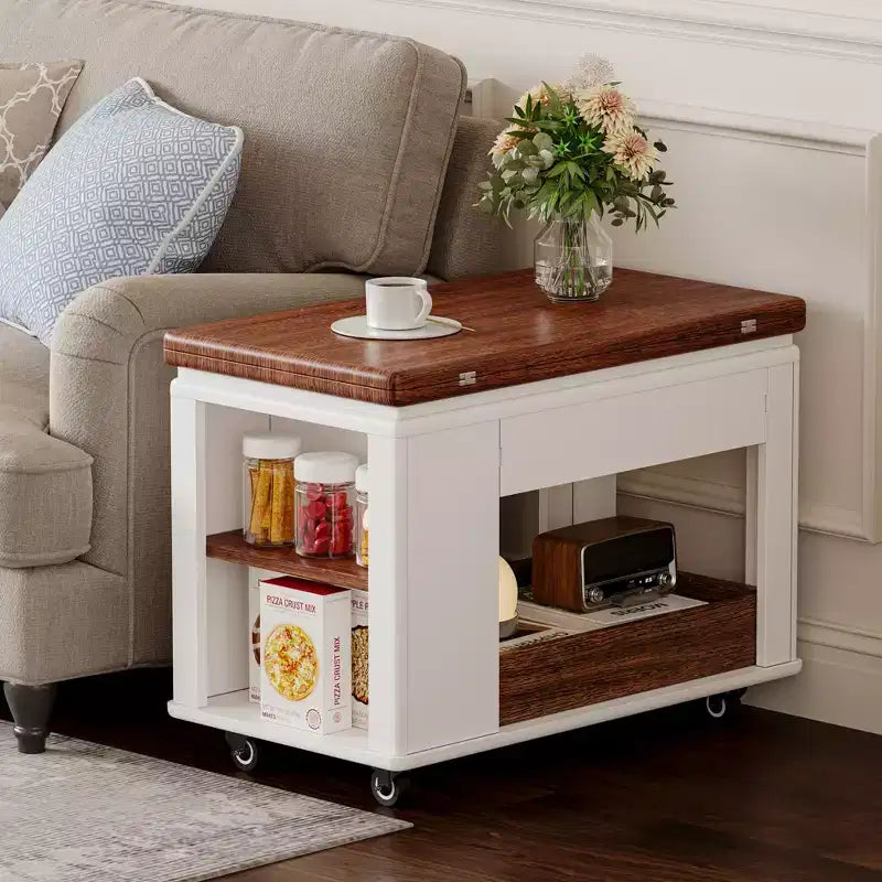 Farmhouse Coffee Table with Storage, Vintage Side Table with Foldable Top for Living Room