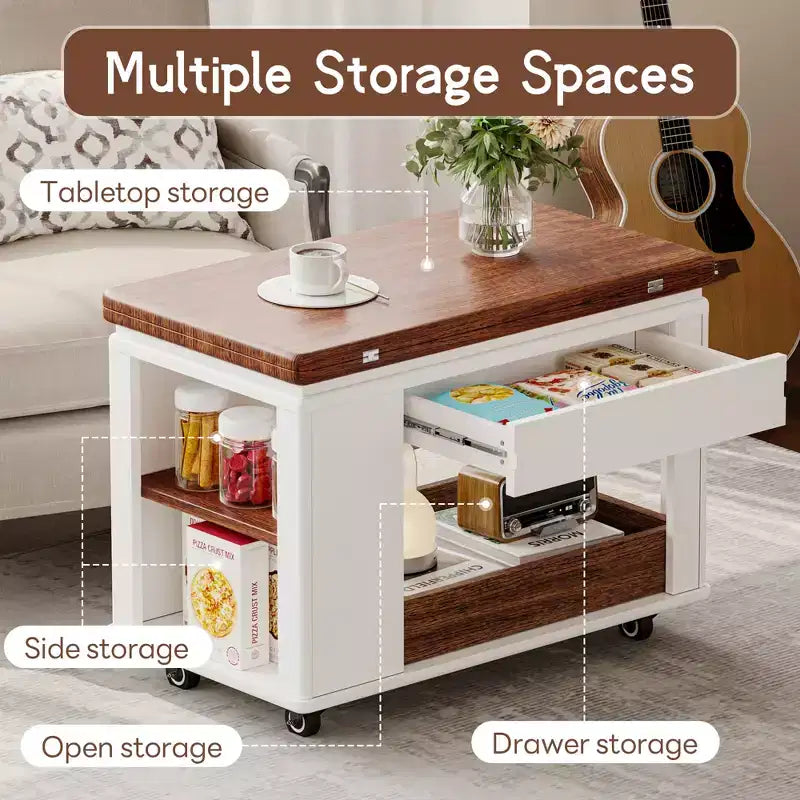 Farmhouse Coffee Table with Storage, Vintage Side Table with Foldable Top for Living Room
