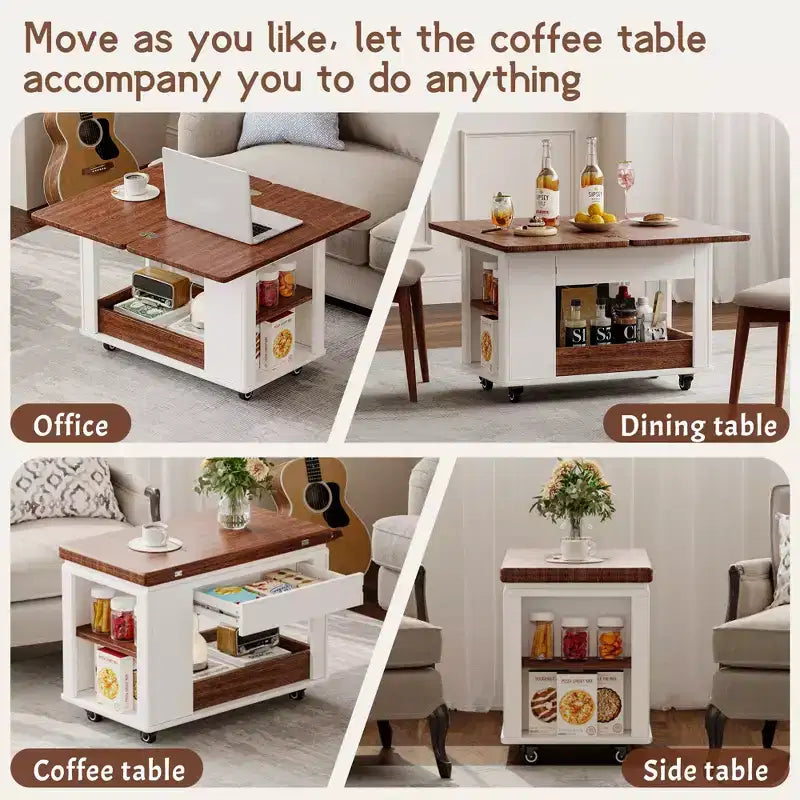 Farmhouse Coffee Table with Storage, Vintage Side Table with Foldable Top for Living Room