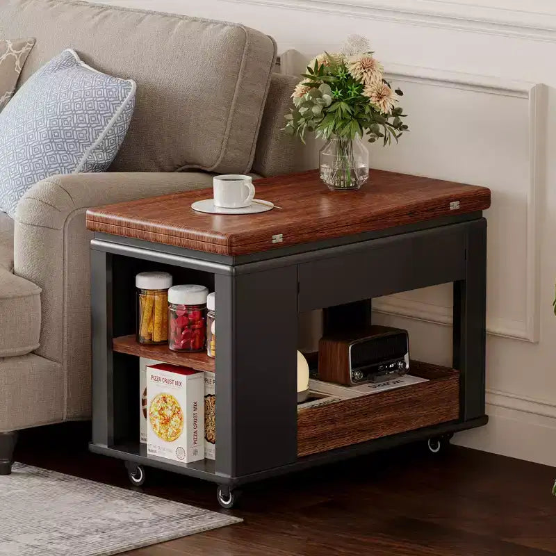 Farmhouse Coffee Table with Storage, Vintage Side Table with Foldable Top for Living Room