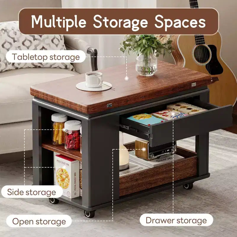 Farmhouse Coffee Table with Storage, Vintage Side Table with Foldable Top for Living Room