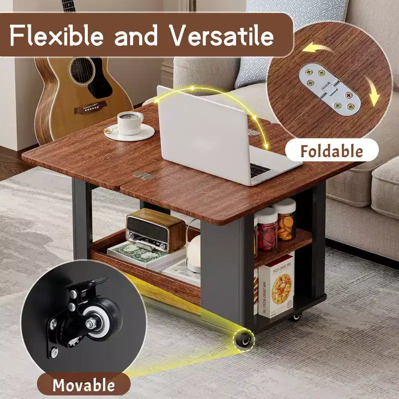 Farmhouse Coffee Table with Storage, Vintage Side Table with Foldable Top for Living Room
