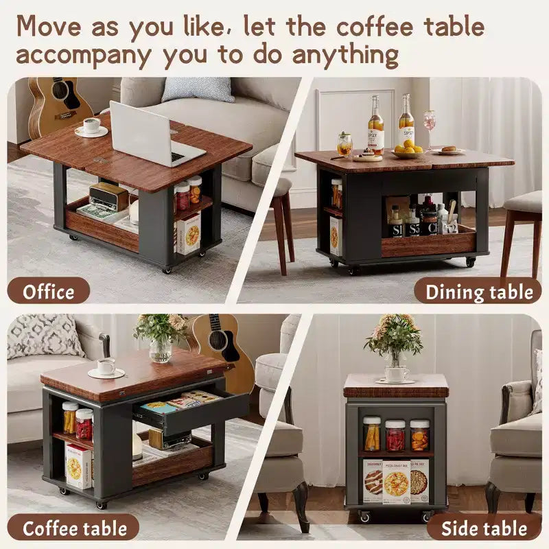 Farmhouse Coffee Table with Storage, Vintage Side Table with Foldable Top for Living Room