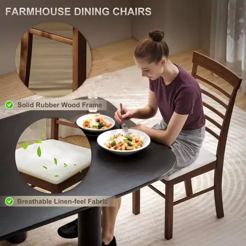 Wooden Dining Chairs Set of 2, Farmhouse Upholstered Kitchen Chairs with Rubber Wood Frame
