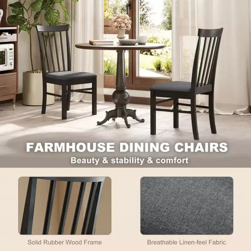 Wooden Dining Chairs Set of 2, Farmhouse Upholstered Kitchen Chairs with Rubber Wood Frame