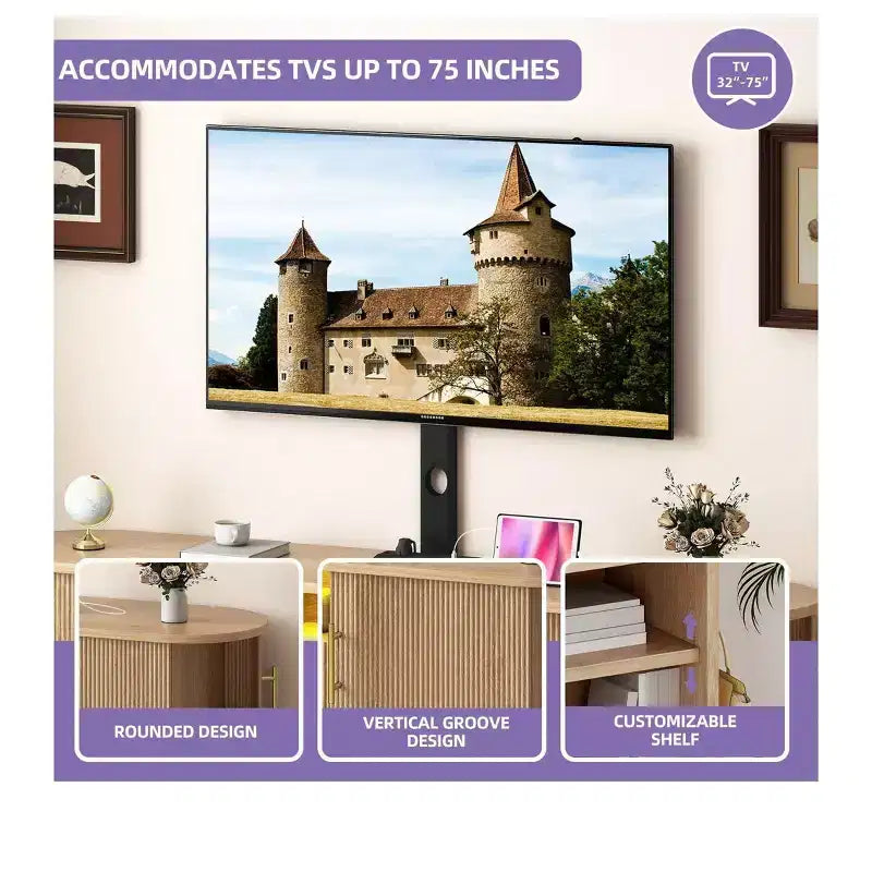 Fluted TV Stands with Mount, LED Entertainment Center for 75 Inch TVs, Curved TV Stand with Power Outlets & LED Light for Living Room,Natural Oak