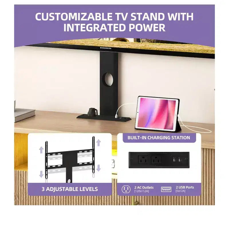 Fluted TV Stands with Mount, LED Entertainment Center for 75 Inch TVs, Curved TV Stand with Power Outlets & LED Light for Living Room,Natural Oak