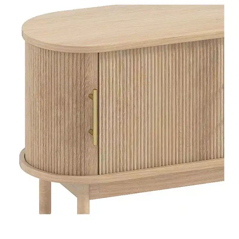 Fluted TV Stands with Mount, LED Entertainment Center for 75 Inch TVs, Curved TV Stand with Power Outlets & LED Light for Living Room,Natural Oak