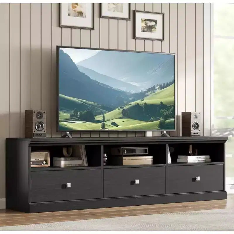 3-Drawer TV Stand - Black, Large Storage Media Console for Living Room
