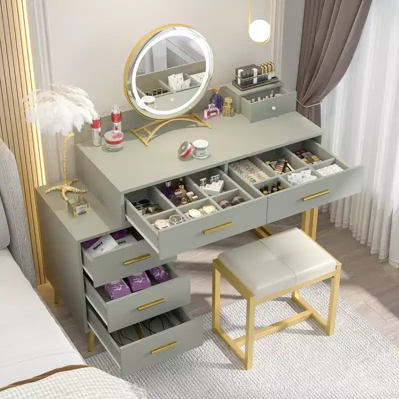 Vanity Desk with Stool and LED Mirror, Makeup Table with Wood Drawers