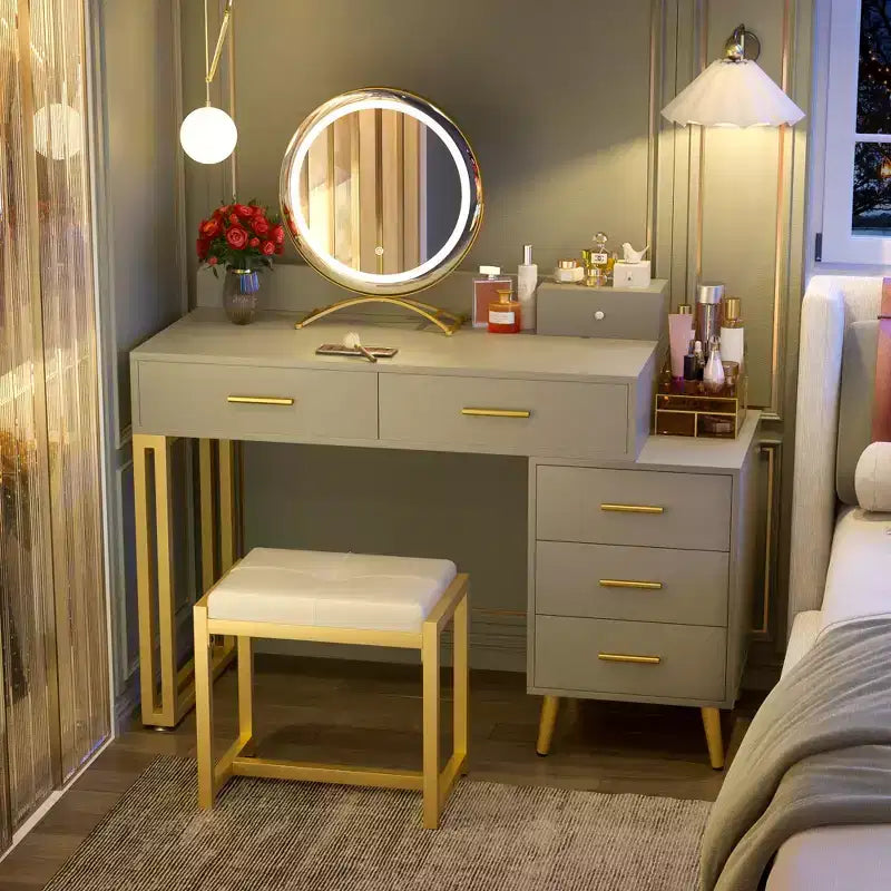 Vanity Desk with Stool and LED Mirror, Makeup Table with Wood Drawers