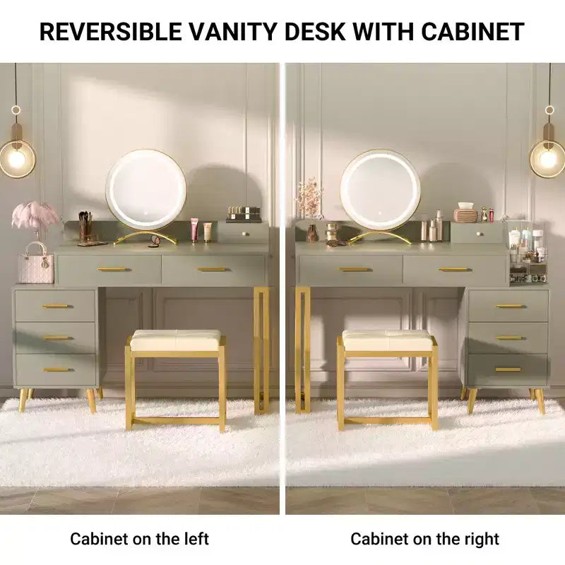 Vanity Desk with Stool and LED Mirror, Makeup Table with Wood Drawers