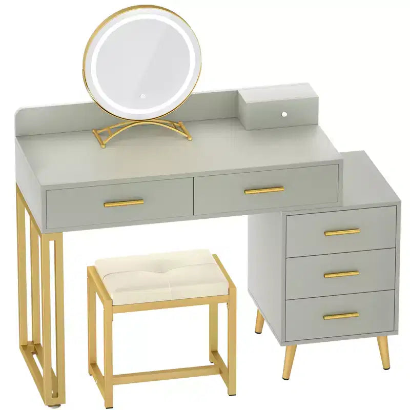 Vanity Desk with Stool and LED Mirror, Makeup Table with Wood Drawers