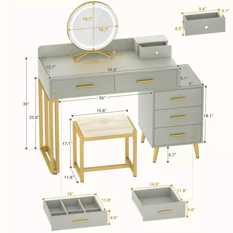 Vanity Desk with Stool and LED Mirror, Makeup Table with Wood Drawers