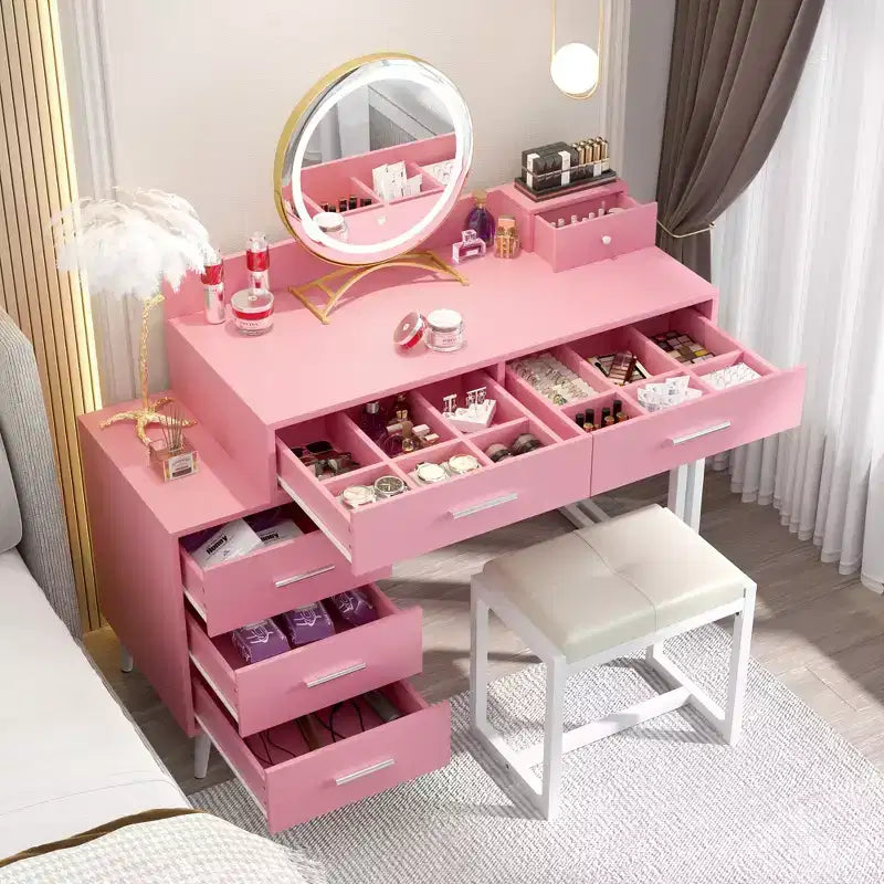 Vanity Desk with Stool and LED Mirror, Makeup Table with Wood Drawers