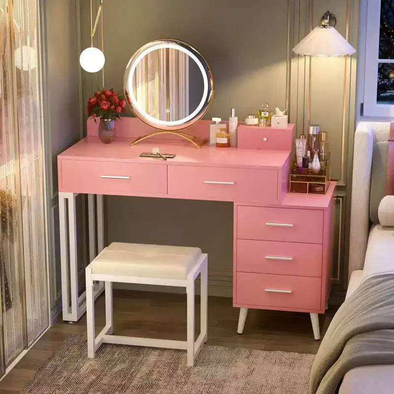 Vanity Desk with Stool and LED Mirror, Makeup Table with Wood Drawers