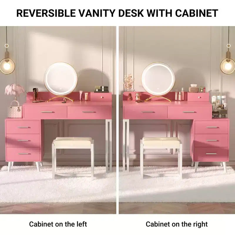 Vanity Desk with Stool and LED Mirror, Makeup Table with Wood Drawers