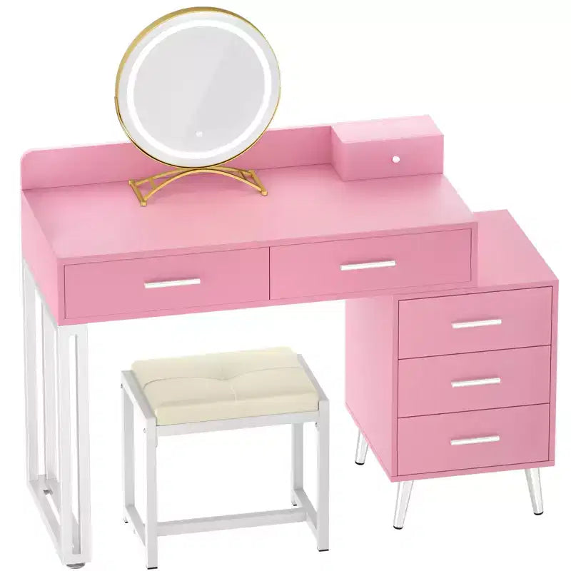 Vanity Desk with Stool and LED Mirror, Makeup Table with Wood Drawers