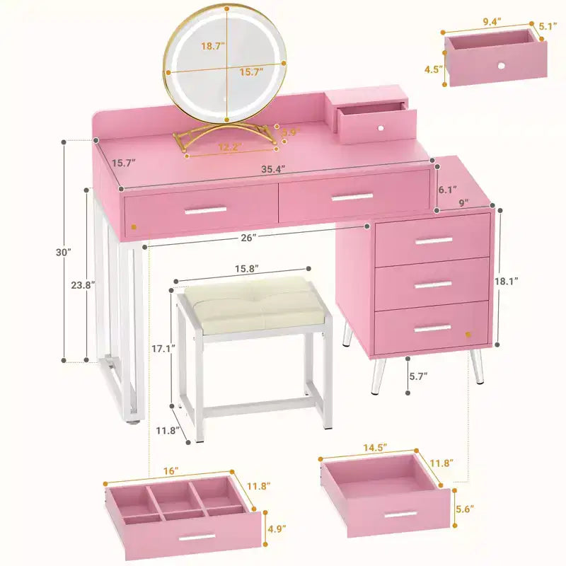 Vanity Desk with Stool and LED Mirror, Makeup Table with Wood Drawers