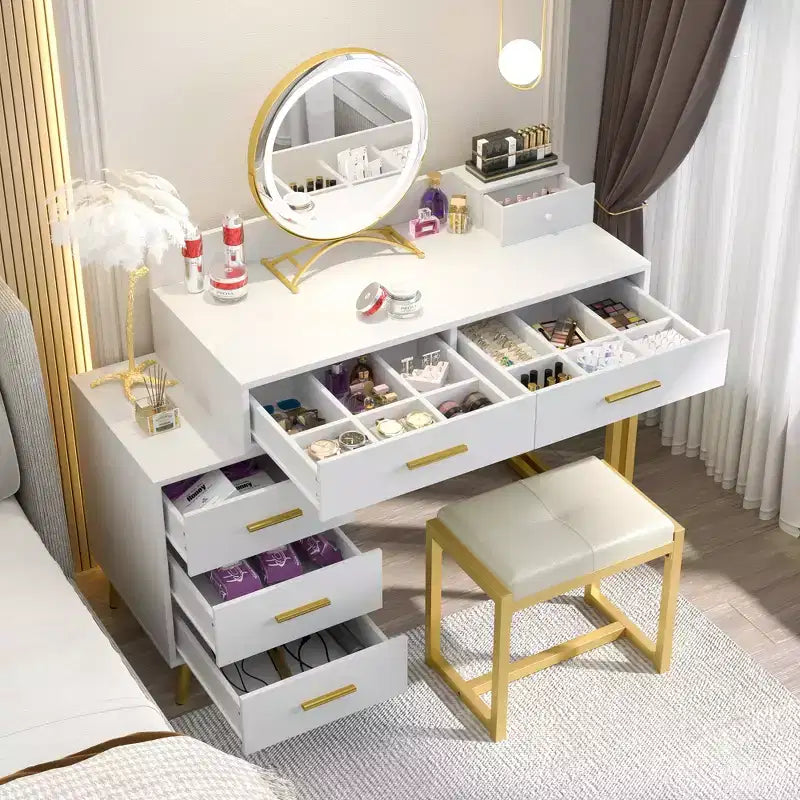 Vanity Desk with Stool and LED Mirror, Makeup Table with Wood Drawers