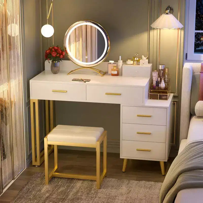 Vanity Desk with Stool and LED Mirror, Makeup Table with Wood Drawers