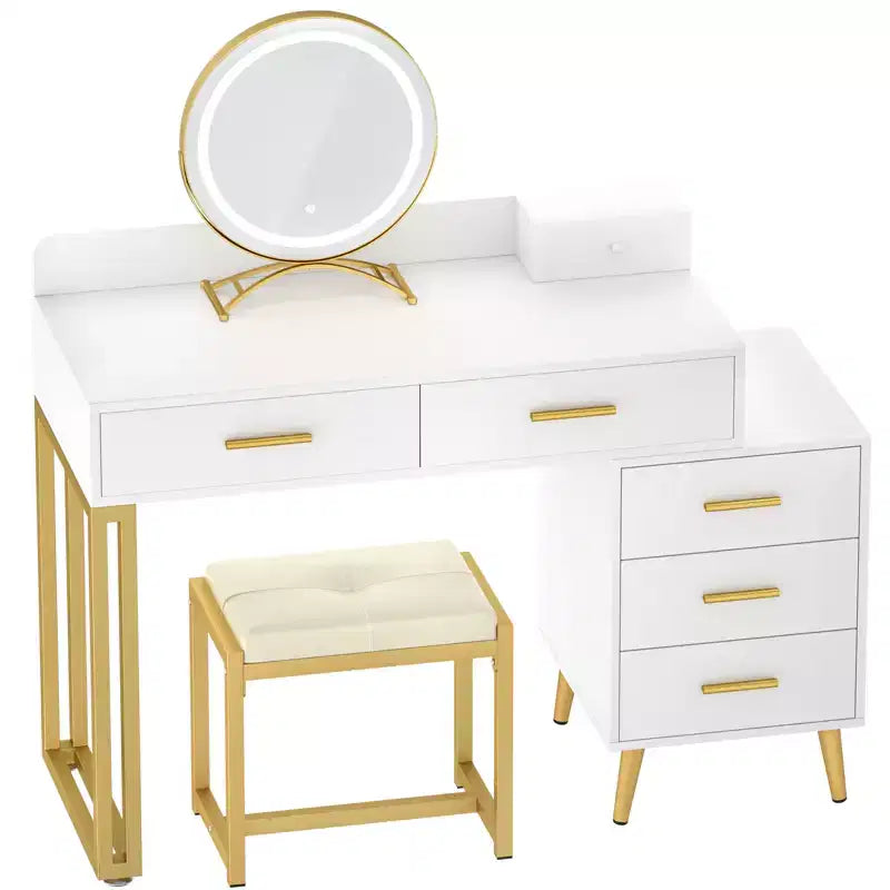 Vanity Desk with Stool and LED Mirror, Makeup Table with Wood Drawers