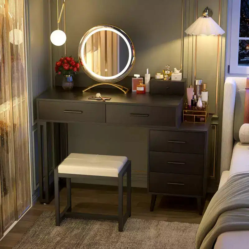 Vanity Desk with Stool and LED Mirror, Makeup Table with Wood Drawers