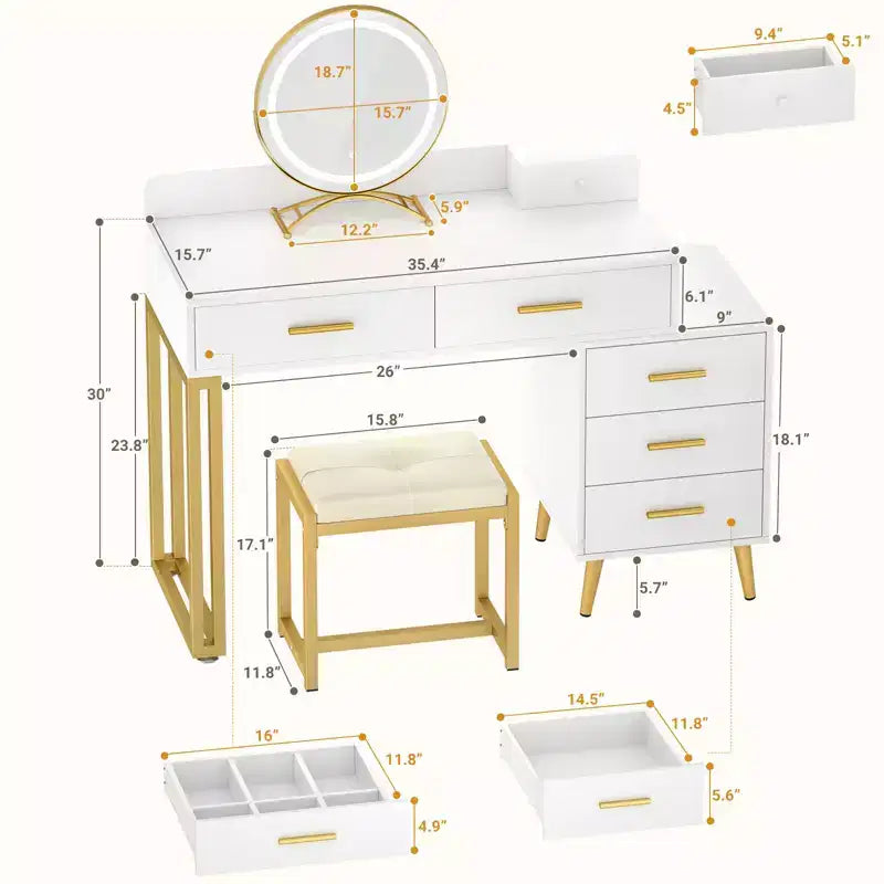 Vanity Desk with Stool and LED Mirror, Makeup Table with Wood Drawers