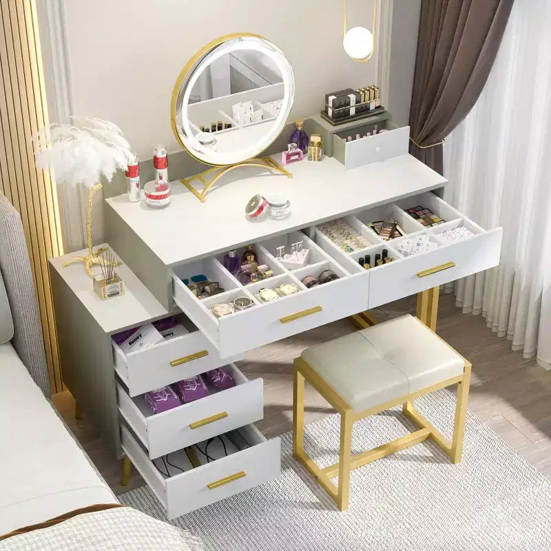 Vanity Desk with Stool and LED Mirror, Makeup Table with Wood Drawers