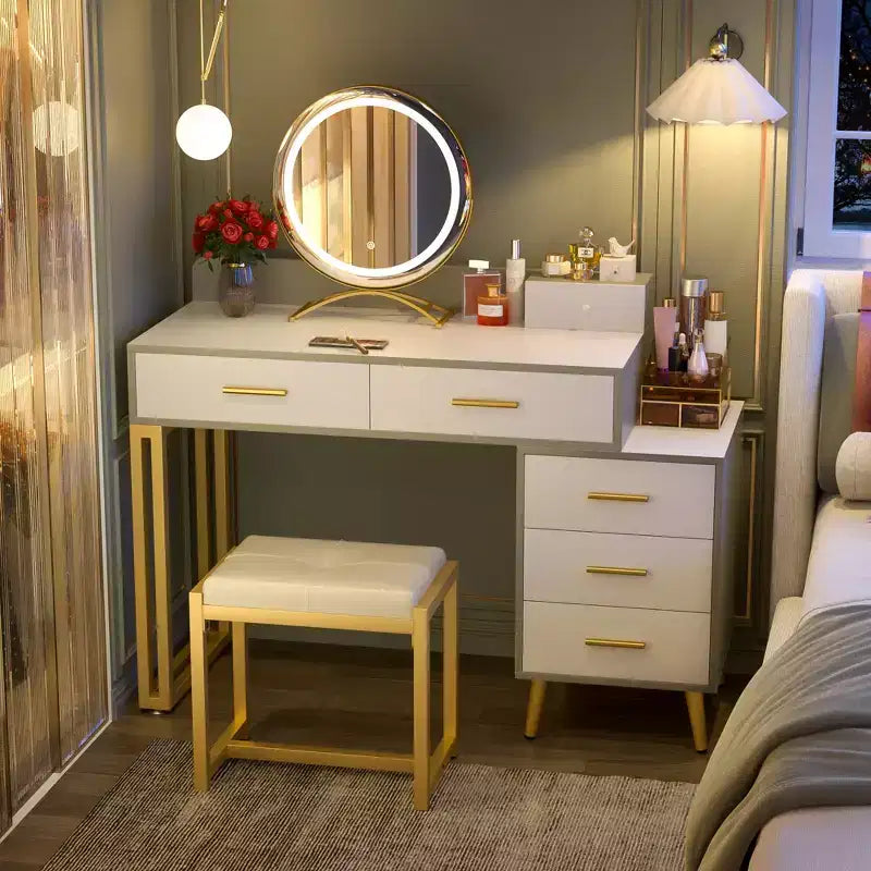 Vanity Desk with Stool and LED Mirror, Makeup Table with Wood Drawers