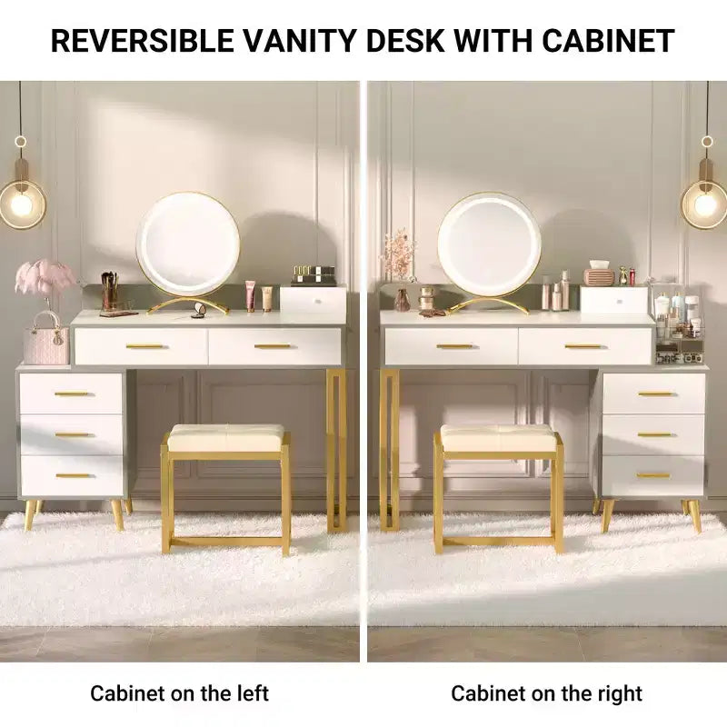 Vanity Desk with Stool and LED Mirror, Makeup Table with Wood Drawers