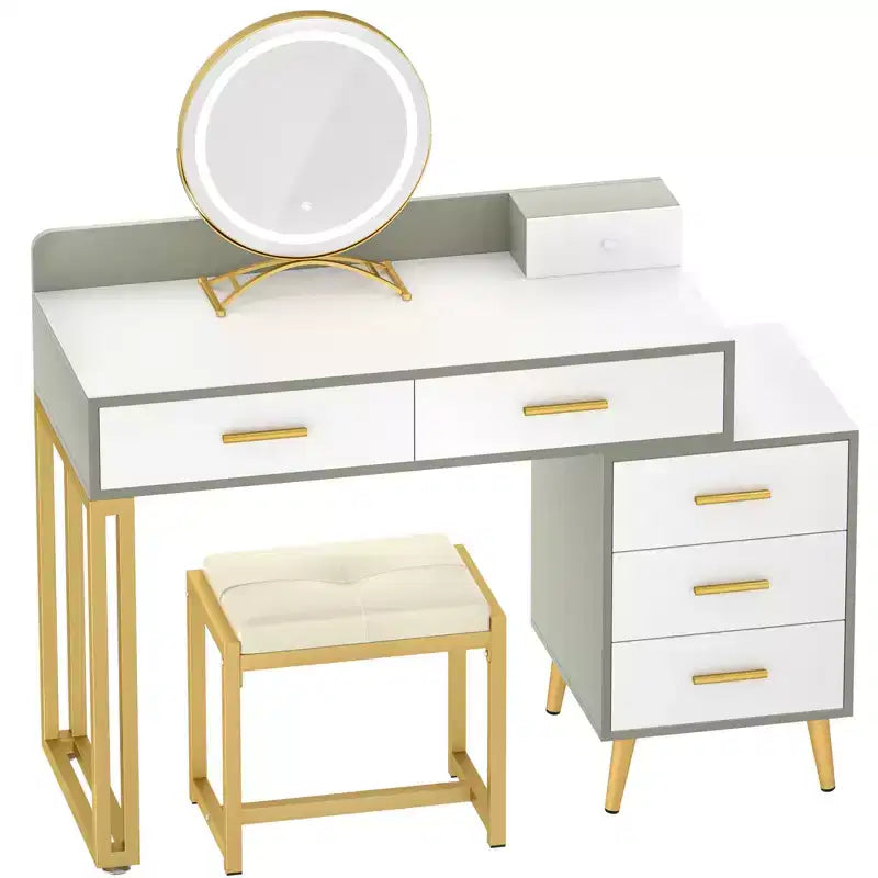Vanity Desk with Stool and LED Mirror, Makeup Table with Wood Drawers