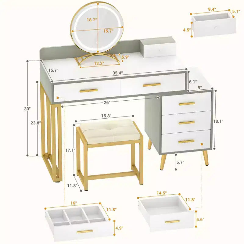 Vanity Desk with Stool and LED Mirror, Makeup Table with Wood Drawers