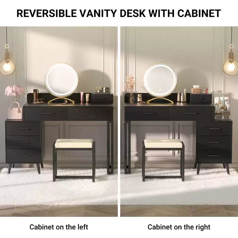 Vanity Desk with Stool and LED Mirror, Makeup Table with Wood Drawers