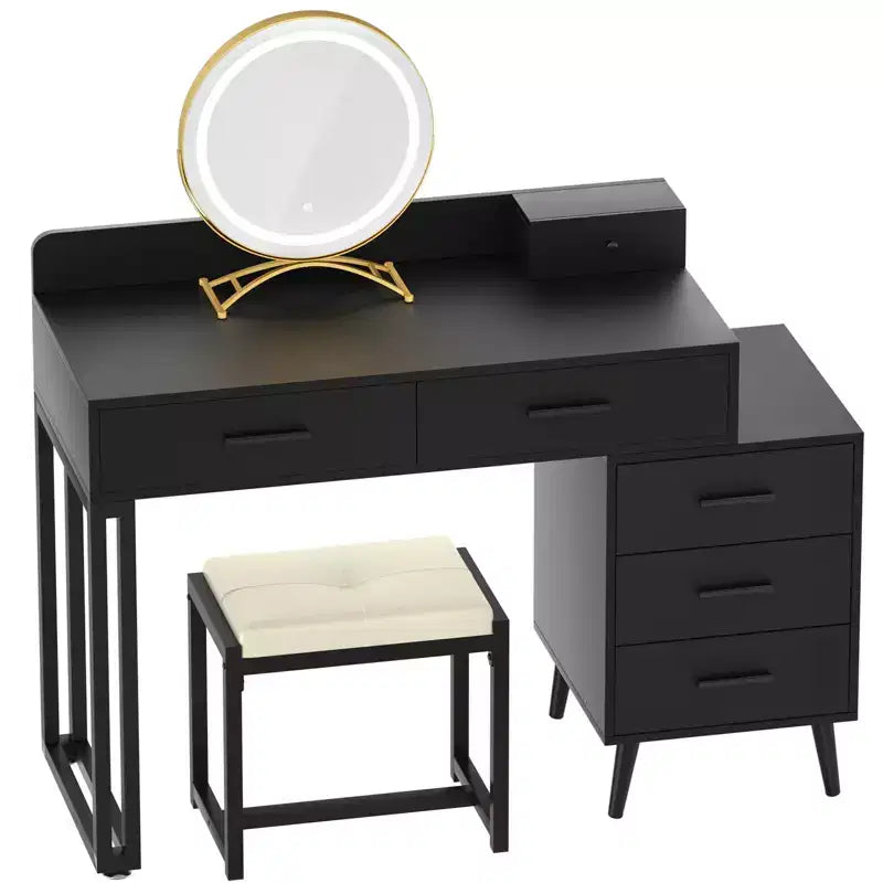 Vanity Desk with Stool and LED Mirror, Makeup Table with Wood Drawers