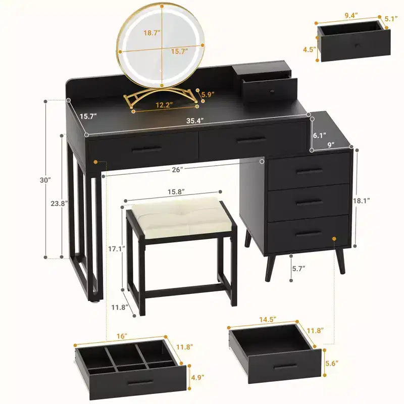 Vanity Desk with Stool and LED Mirror, Makeup Table with Wood Drawers