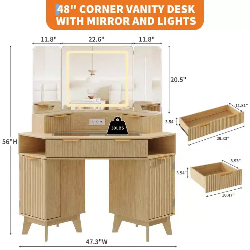 47 Corner Makeup Vanity Desk with Mirror and Light, Wooden Dressing Table with Glass Top & Charging Station, Makeup Vanity Table for Bedroom