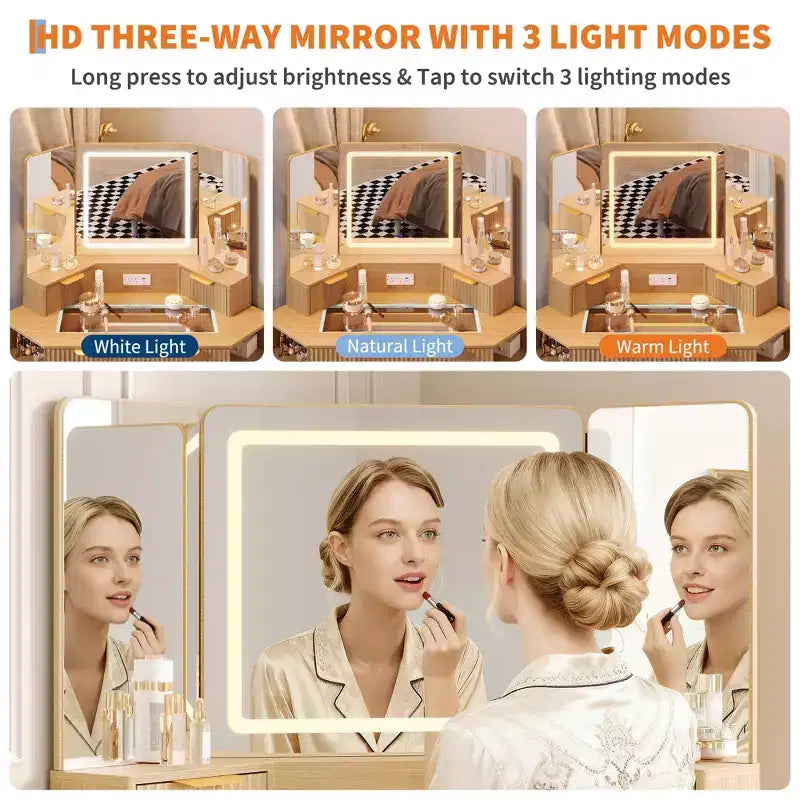 47 Corner Makeup Vanity Desk with Mirror and Light, Wooden Dressing Table with Glass Top & Charging Station, Makeup Vanity Table for Bedroom