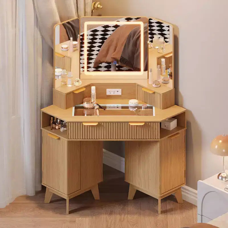 47 Corner Makeup Vanity Desk with Mirror and Light, Wooden Dressing Table with Glass Top & Charging Station, Makeup Vanity Table for Bedroom
