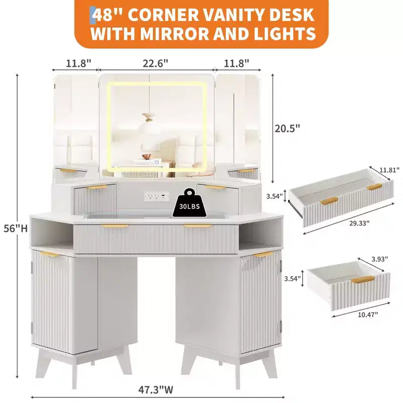 47 Corner Makeup Vanity Desk with Mirror and Light, Wooden Dressing Table with Glass Top & Charging Station, Makeup Vanity Table for Bedroom