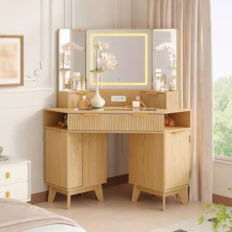 47 Corner Makeup Vanity Desk with Mirror and Light, Wooden Dressing Table with Glass Top & Charging Station, Makeup Vanity Table for Bedroom