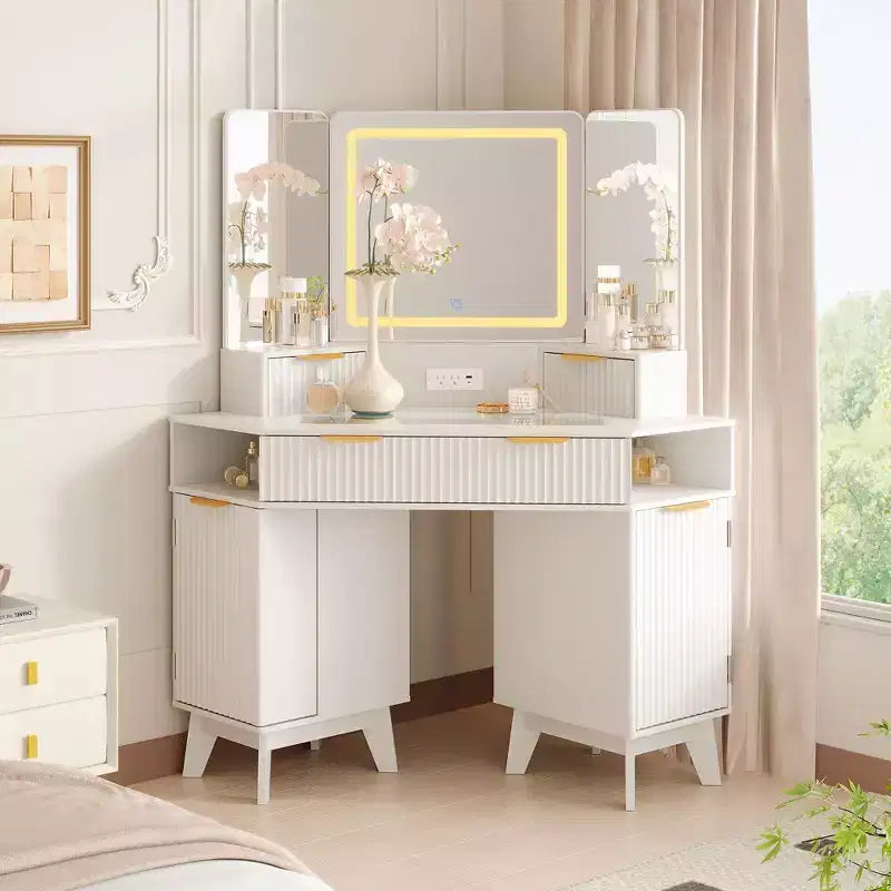 47 Corner Makeup Vanity Desk with Mirror and Light, Wooden Dressing Table with Glass Top & Charging Station, Makeup Vanity Table for Bedroom