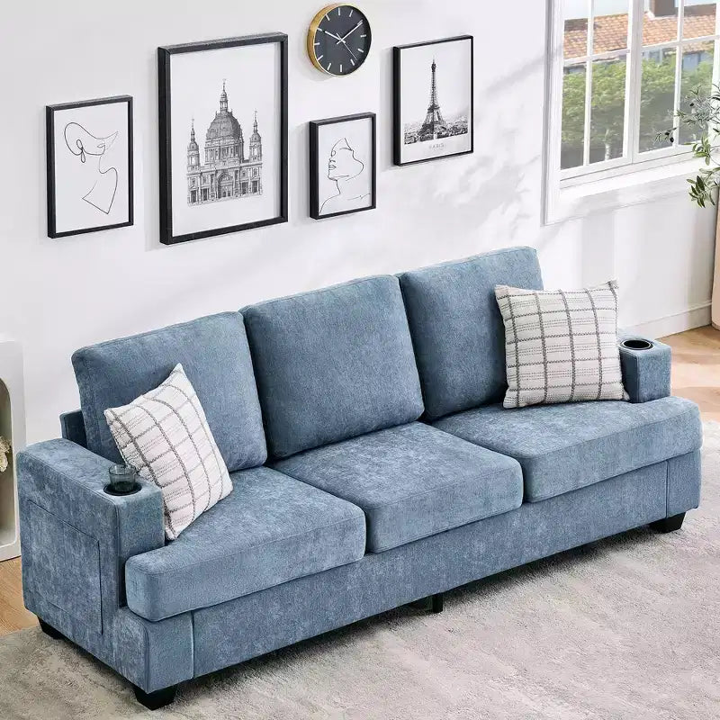 Modern 89 in 3-Seater Sofa for Living Room, Comfy Couches with Deep Seat,Chenille Couch with Cup Holders and Side Storage Pockets for Apartment Lounge